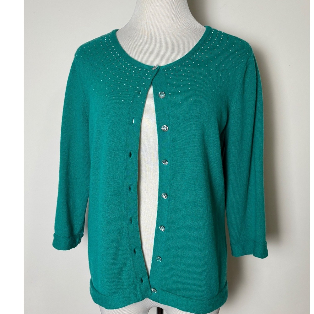 Investments Womens Cashmere Cardigan M Rhinestone Embellished 3/4 Sleeve FLAWS